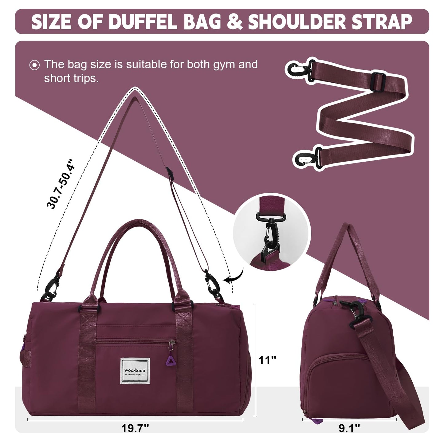 WOOMADA Women's Gym Duffel Bag, Travel Overnight Tote with Shoe Compartment, Large Wet Pocket & Trolley Sleeve, Ideal for Travel, Workout, Sport(Purple)