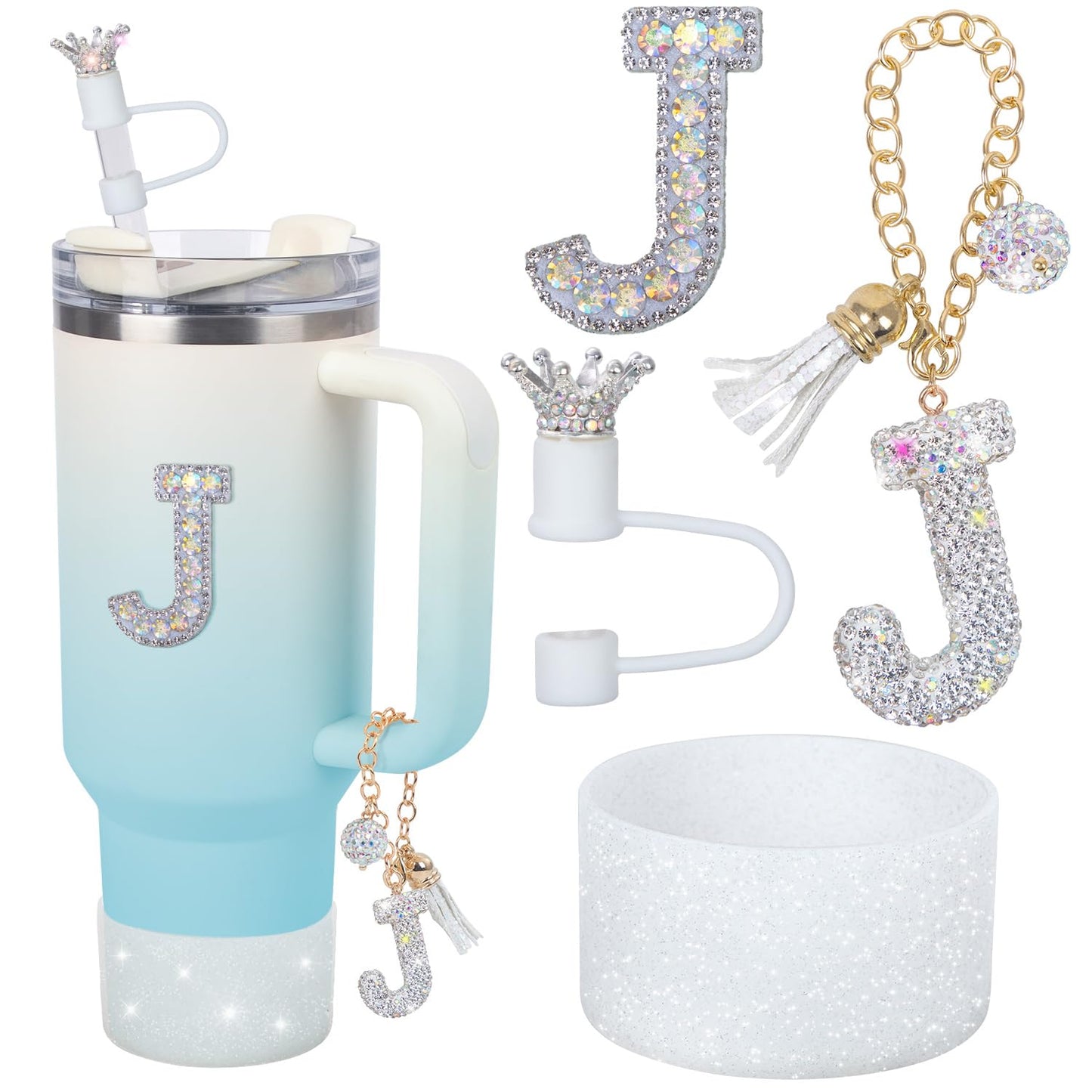 Letter Charms for Stanley Cup Handle,Silicone Boot Accessories Charms for Stanley Cup 40oz 30oz,Crown Straw Cover Topper & Diamond Sticker(J)