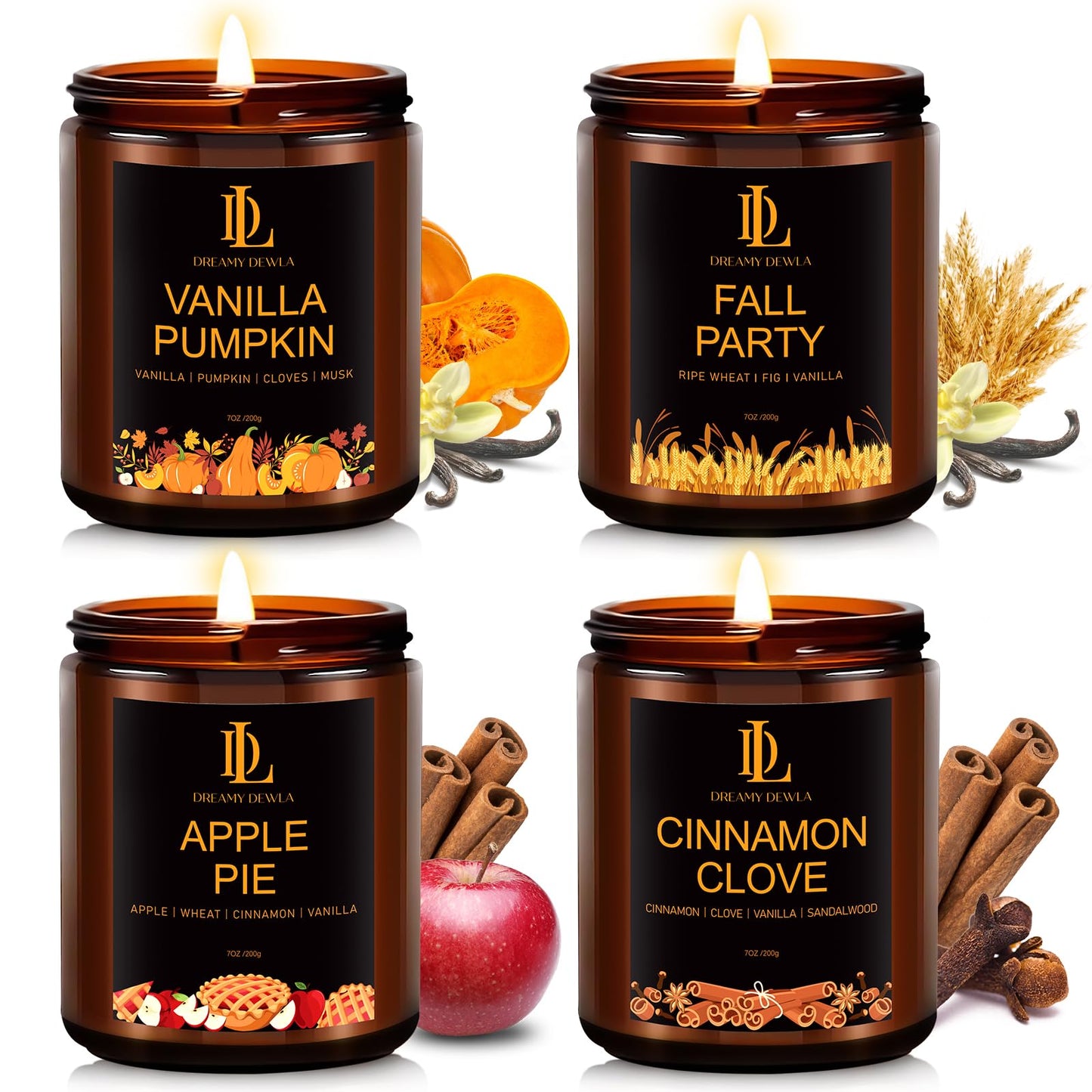 Fall Candle Set, Fall Scented Candles for Home, 4 Pack Soy Candle Set, Autumn Gifts for Women Men, Autumn Scents of Vanilla Pumpkin/Cinnamon Clove/Apple Pie/Fall Party