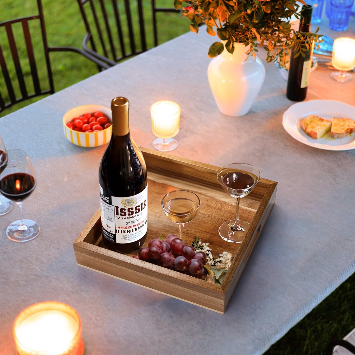 YOUEON Set of 2 Acacia Wood Serving Tray with Handles, 10x10x2 Inch Decorative Serving Trays for Food, Ottoman Tray, Square Coffee Table Trays for Dinner, Coffee, Wine, Appetizer