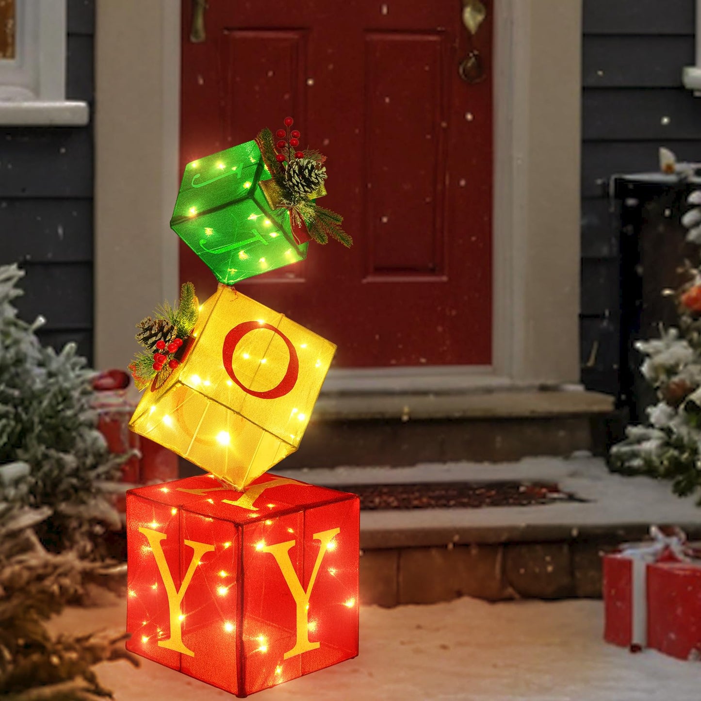 COVFEVER Christmas Joy Lighted Gift Boxes Decorations Set of 3, 2.8Ft Stackable Christmas Nesting Boxes Battery Operated for Home and Party Decoration