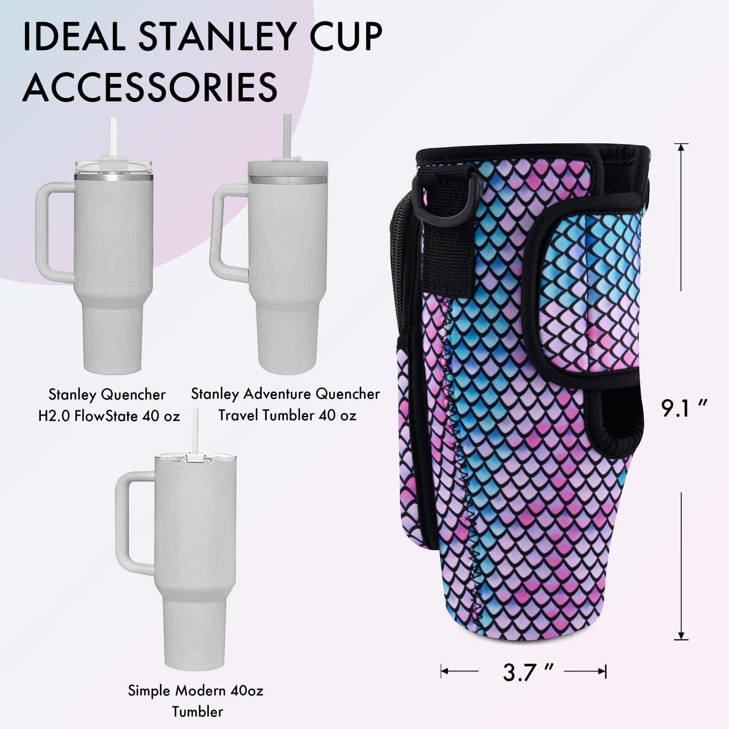 JEBEALUO Water Bottle Carrier Bag with Phone Pocket for Stanley Cup 40/30 oz, Water Bottle Holder with Adjustable Strap& Straw Cover, Stanley Cup Accessories (Mermaid)