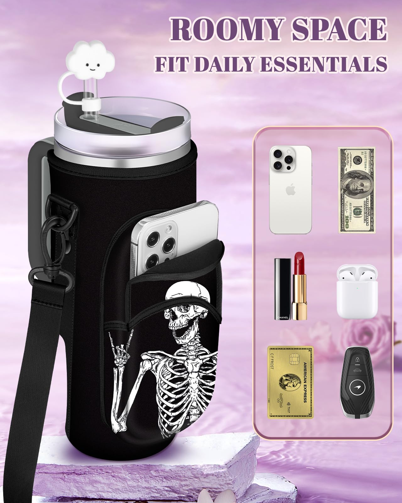 Toykee Water Bottle Holder Carrier Bag for Stanley 40 OZ Tumbler with Strap Phone Pocket, Black Wrap Around Drink Cup Purse Pouch with Straw Cover Cleaner Brush Accessories Skeleton Print
