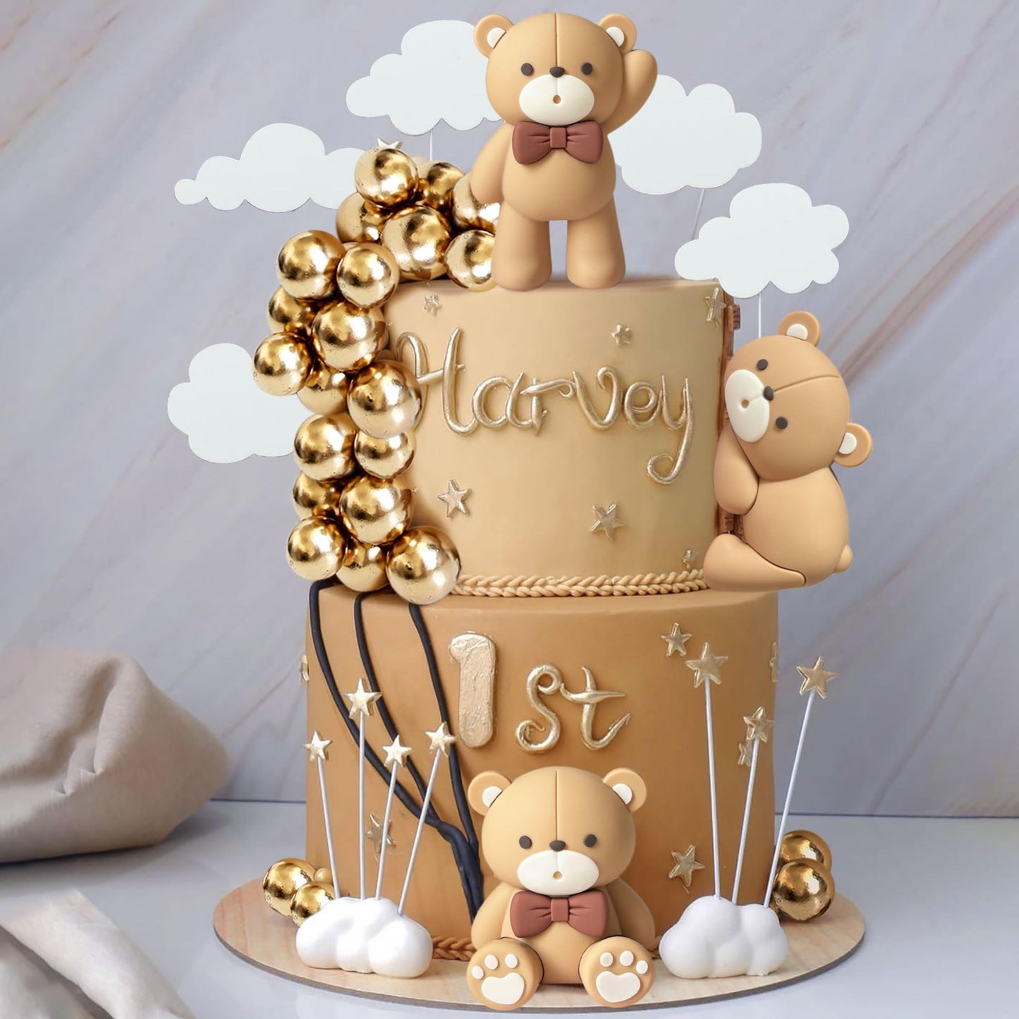 JeVenis Luxury Beige Brown Bear Cake Decoration Beige Brown Balls Cake Topper Boho Bears Cake Cake Decoration Baby Shower Birthday Cake Decoration