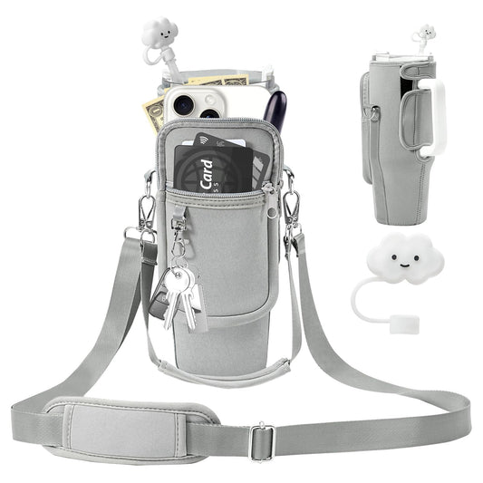 Water Bottle Holder with Strap Pouch and Handle fits for Stanley 30 oz Tumbler, Water Bottle Carrier Bag with 4.9FT Strap, Bottle Pouch for Stanley Cup Accessories