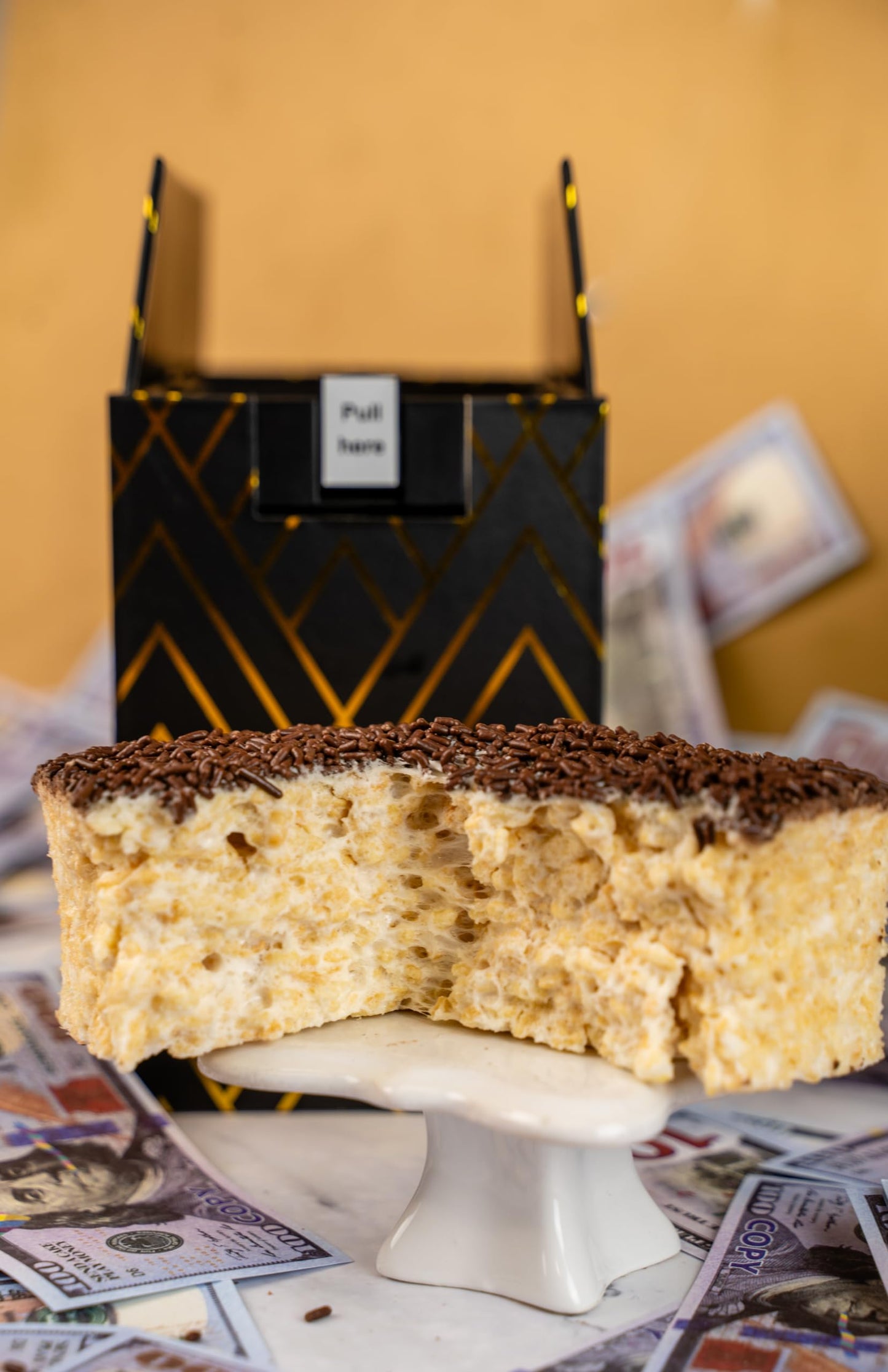 Luxe Billionaire Box featuring Shooting Birthday Bills. Ready to Gift, No Assembly Required with Music, Sweet Caramels & Delicious 3" Chocolate Sprinkle Crispy Cake for Delivery – Birthday Gift for Women, Men, Sister, Mom, Dad, Best Friend, Adults, Kids