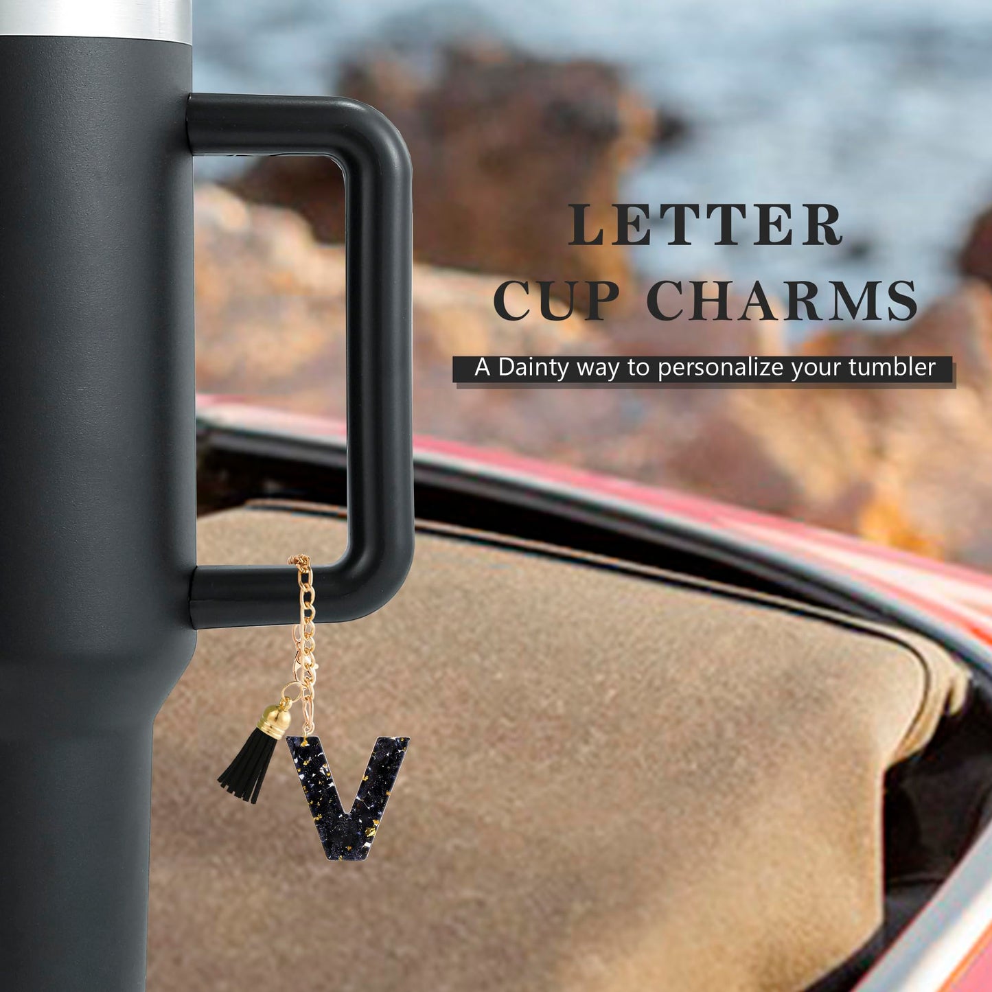 Letter Charm Accessories for Stanley Cup 1 PCS Cute Initial Keychain Handle Charm for Stanley Tumbler for Women Black Letter V