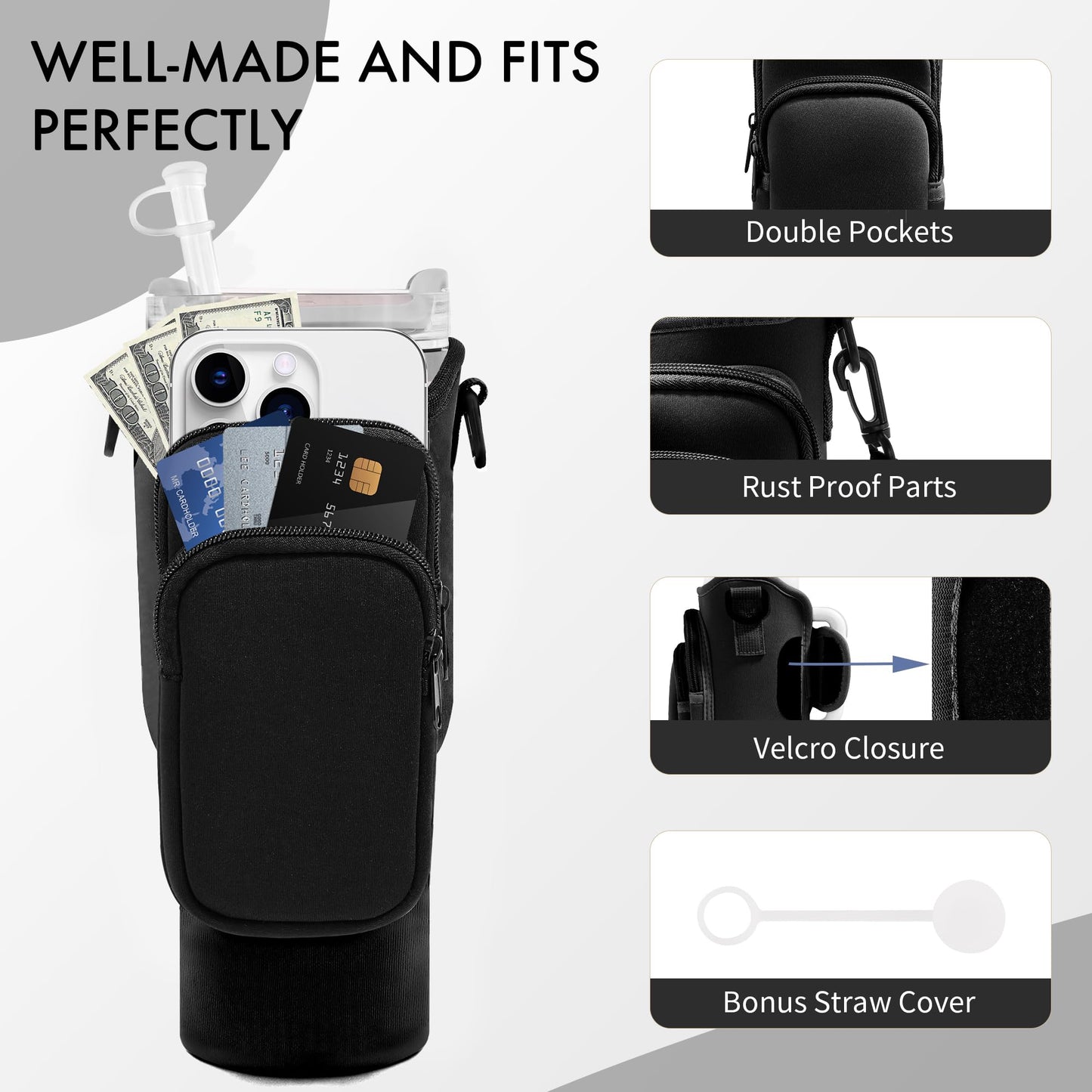 JEBEALUO Water Bottle Carrier Bag with Phone Pocket for Stanley Cup 40/30 oz, Water Bottle Holder with Adjustable Strap& Straw Cover, Stanley Cup Accessories (Black)