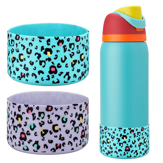 WK IEASON 2Pcs Silicone Water Bottle Boot for Owala 24oz, Protective Flask Bottom Cover Base for Owala FreeSip Twist and Flip Flask Bottles (Leo print Mint/fog, 24OZ)