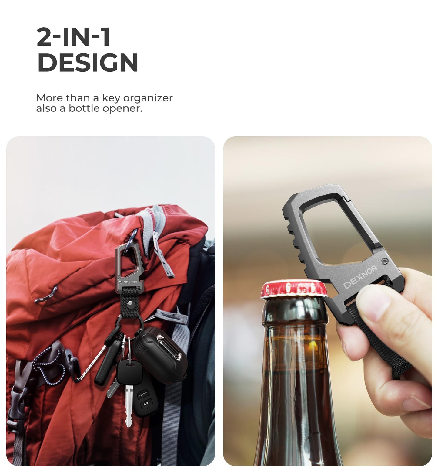 Dexnor Heavy Duty Key Chain Bottle Opener, Carabiner Key Ring Clip Aerospace-grade Stainless Steel Car Key Fob Holder Organizer EDC Keychain Keyring Accessories for Men and Women Black