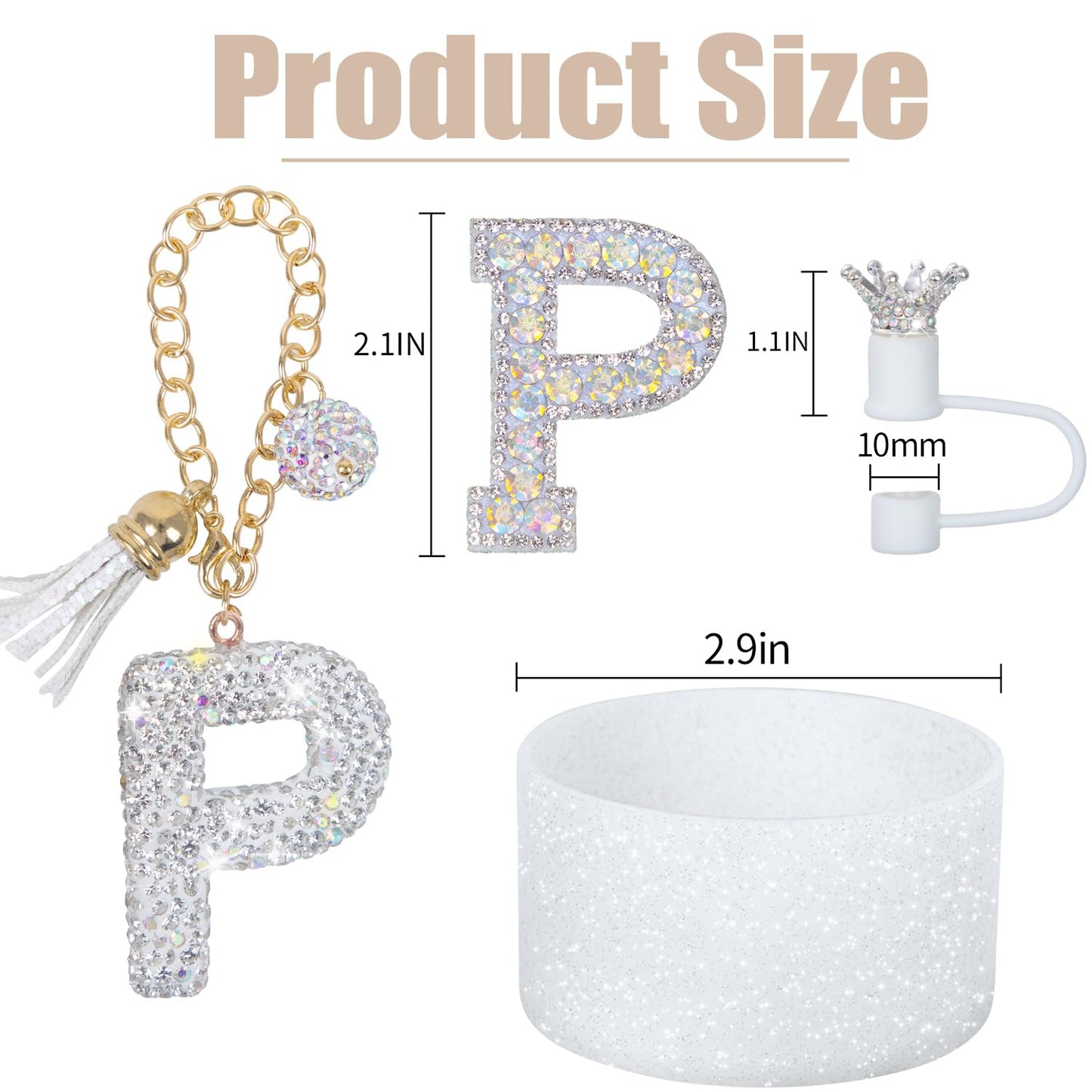 Letter Charms for Stanley Cup Handle,Silicone Boot Accessories Charms for Stanley Cup 40oz 30oz,Crown Straw Cover Topper & Diamond Sticker(P)