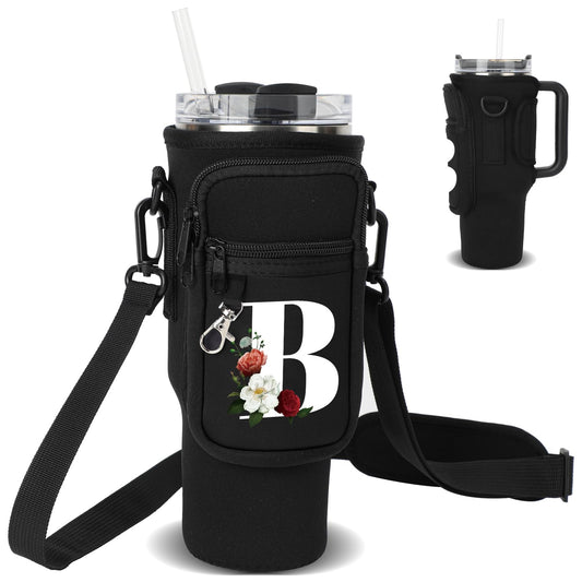 Water Bottle Carrier Bag with Strap Pouch for Stanley 40 oz Tumbler Cup Accessories, Neoprene Water Bottle Holder Phone Pocket Personalized Initial A-Z Flower Design Mother's Day Gift (B, Black)