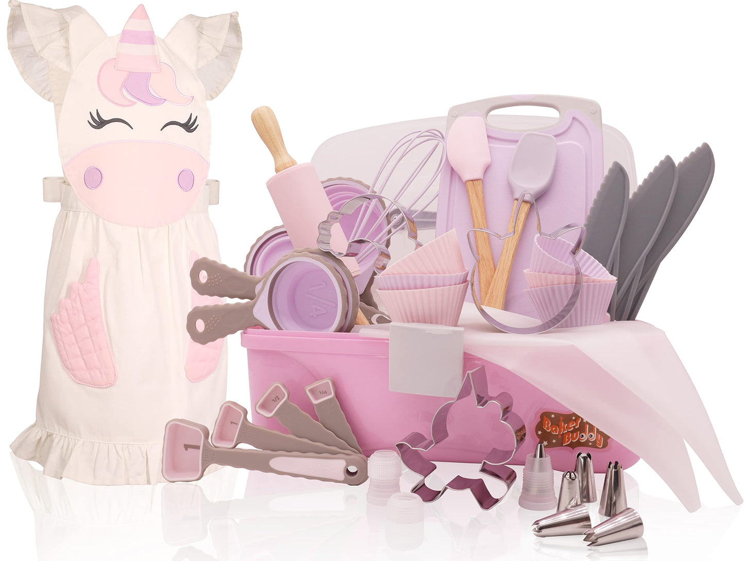 Baker Buddy Unicorn Kids Real Baking Set with Storage case, Real Working Utensils, Cookie Cutters, and Baking Supplies, Beautiful Unicorn Apron for Kids.