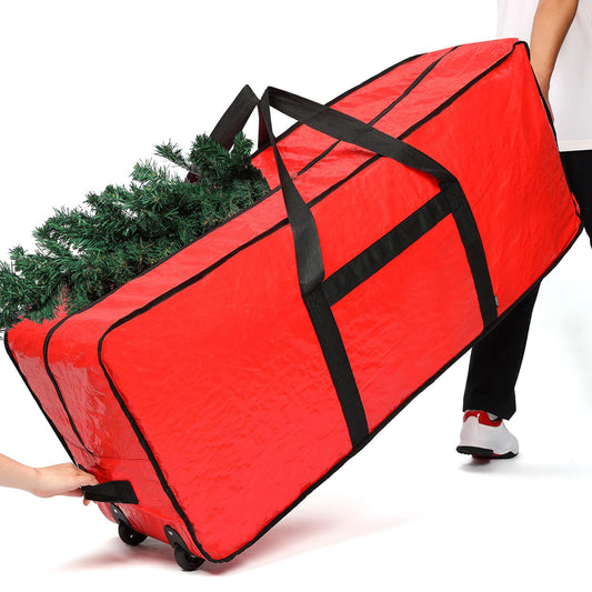 HOMEST Christmas Tree Storage Bag, Fits for 9 ft Xmas Artificials, Zippered Box with Reinforced Carrying Handles and Wheels, Red (Bag Only)