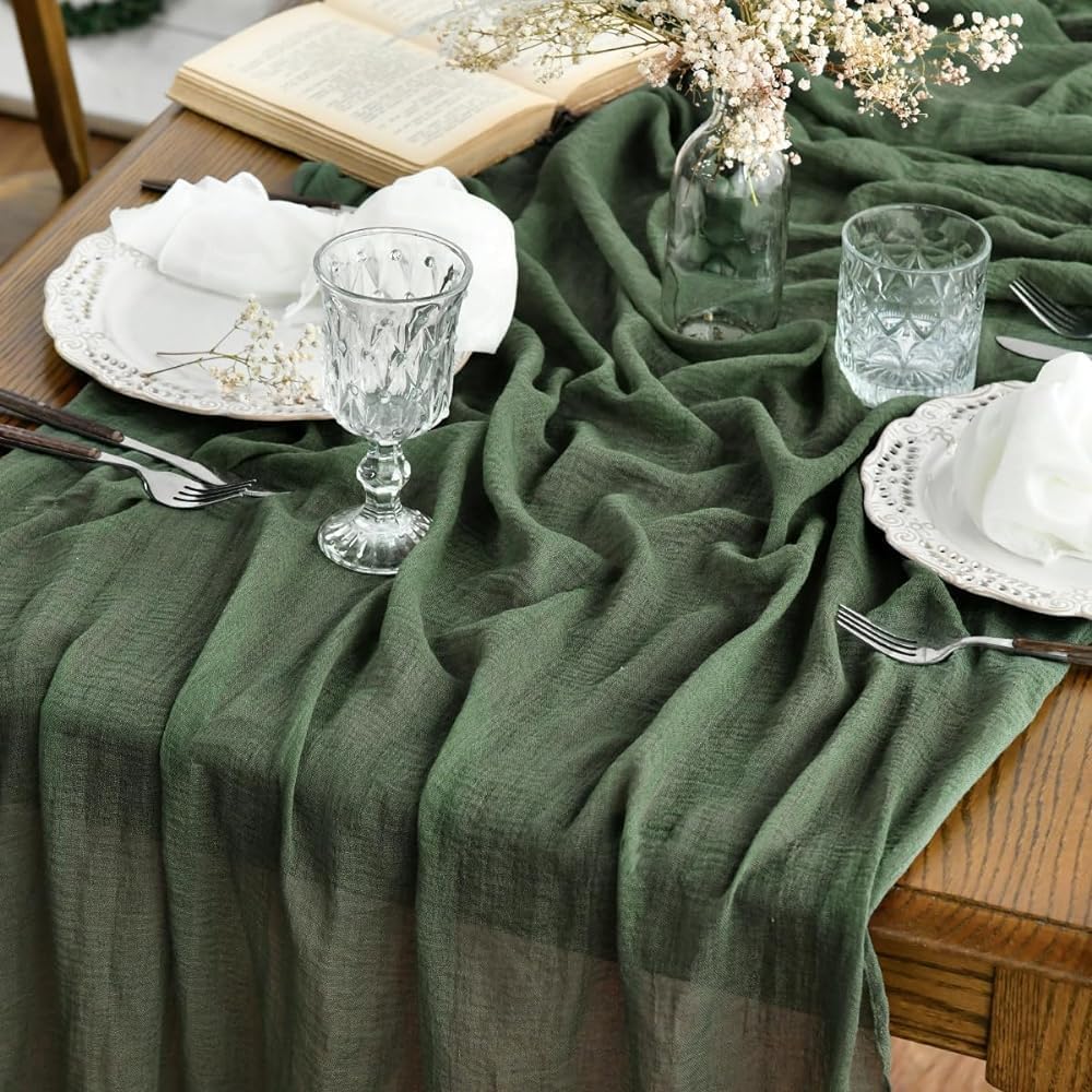 Artoid Mode Boho Forest Green Gauze 3 Pieces Wedding Table Runner, 120 Inch Birthday Fabric Kitchen Dining Holiday Table Decor for Home Party Indoor