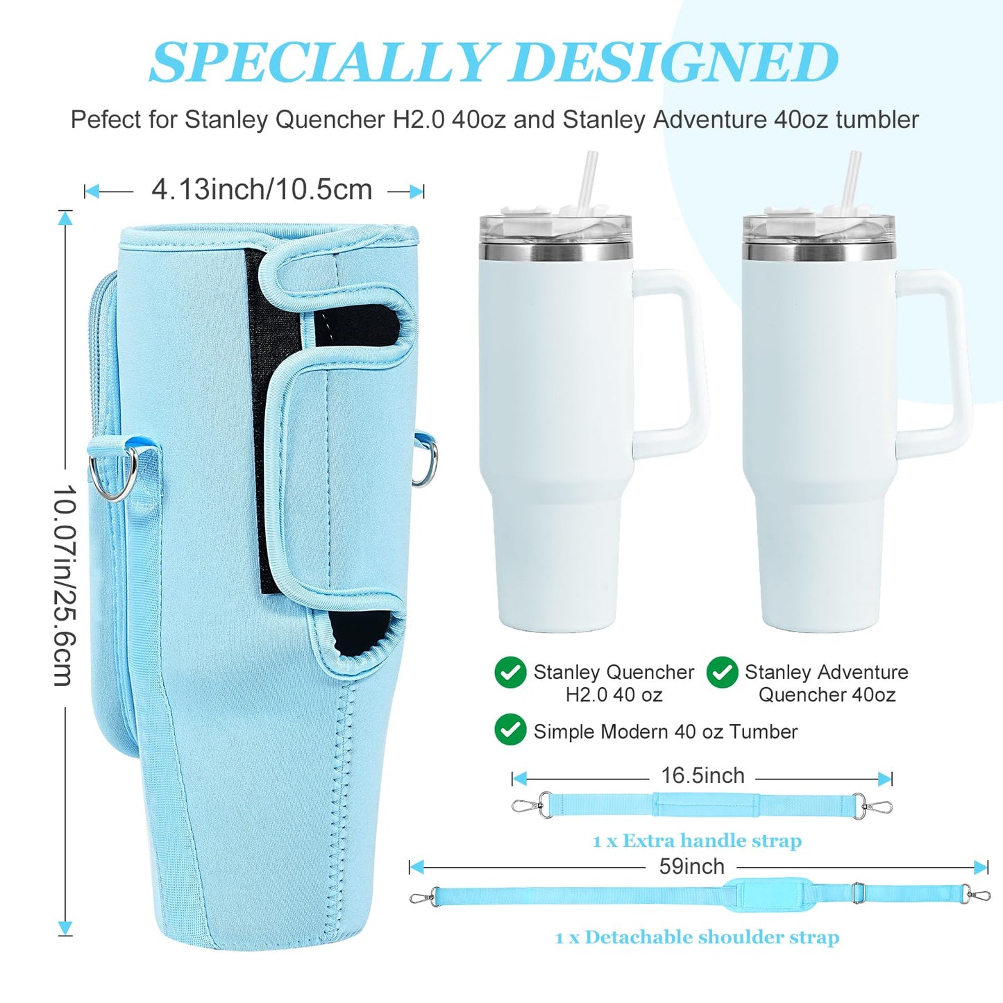 Water Bottle Carrier Bag with Pouch for Stanley 40 oz Tumbler with Handle, Neoprene Water Bottle Holder Pocket with Adjustable 4.9FT Strap, Bottle Pouch for Stanley Cup Accessories(Blue)