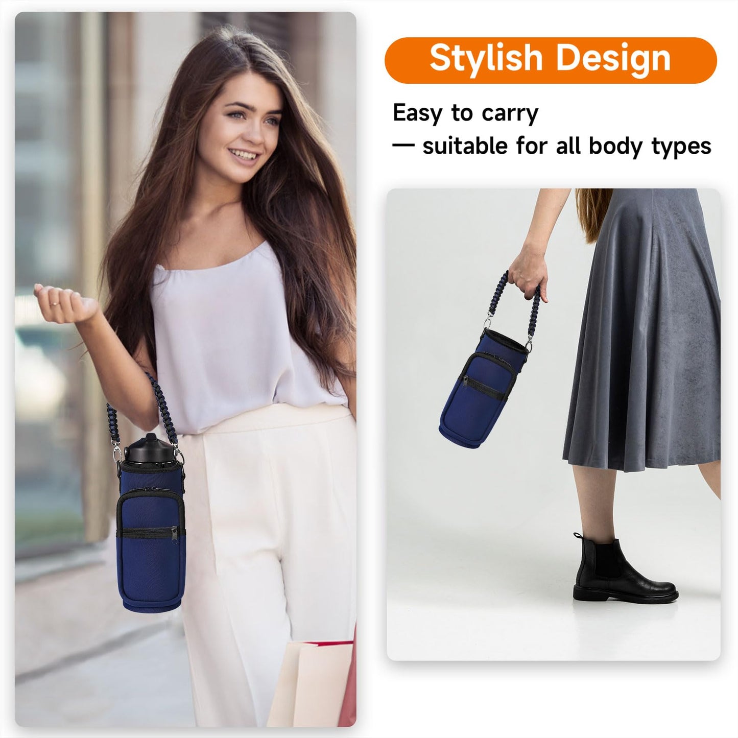 AceTreker 32 oz 40 oz Water Bottle Holder Bag with Strap, Neoprene Water Bottle Carrier with Paracord Handle, Sport Bottle Sleeve Sling Bag with Pocket for Travelling, Walking, Camping-Navy