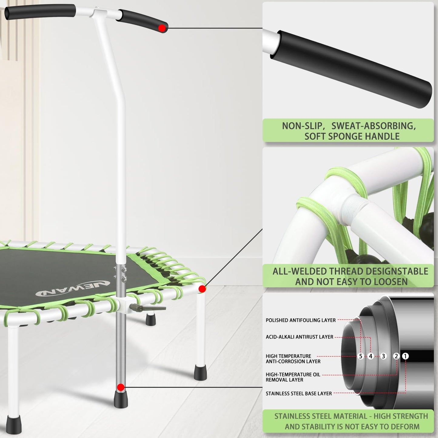 Newan 48'' Fitness Trampoline with Adjustable Handle Bar, Silent Trampoline Bungee Rebounder Jumping Cardio Trainer Workout for Adults - Max Limit 330 lbs
