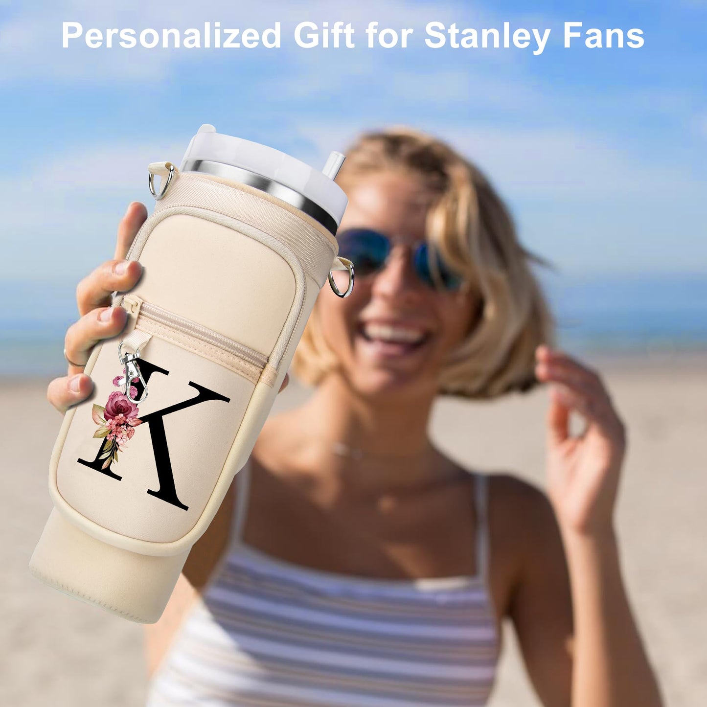 LOKASS Initial Water Bottle Holder with Upgrade Canvas Strap for Stanley 30 oz Tumbler, Gift for Mom Mother's Day Day gifts with Phone Pocket, Personalized Accessories for Stanley Cup, Cream - S