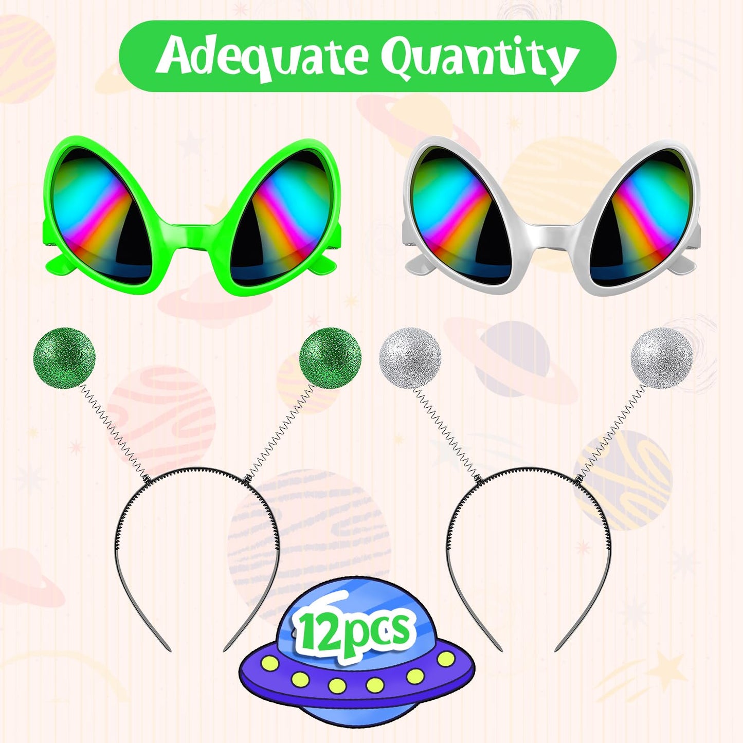 GDZRDFLH 12pcs Alien Headband Glasses and Martian Antenna Halloween Party Accessories Rainbow Lens Sunglasses Antenna Headband Boppers for Halloween Alien Theme Party