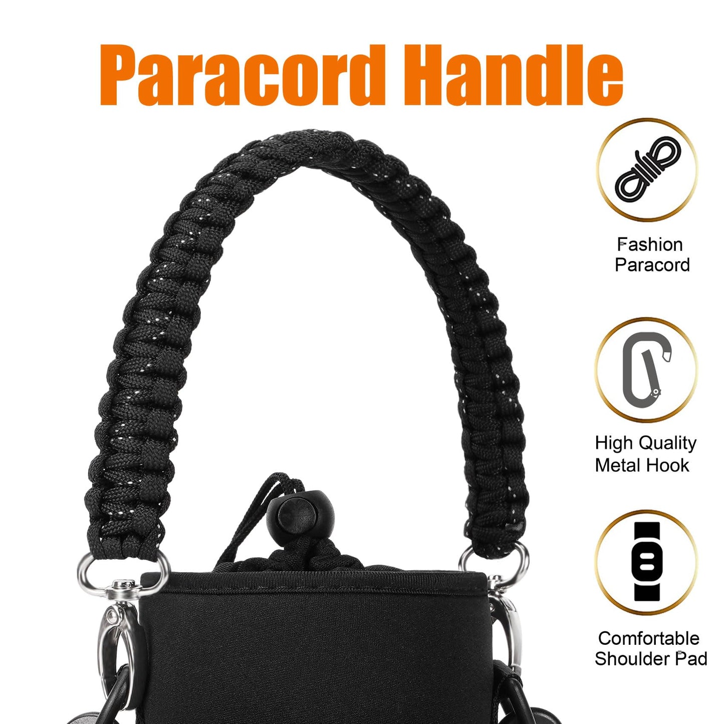 AceTreker Water Bottle Sleeve, 32 oz 40 oz Water Bottle Carrier with Strap & Paracord Handle, Neoprene Insulated Bottle Holder Sling Bag with Phone Pocket for Walking Hiking Sport-Black Flower