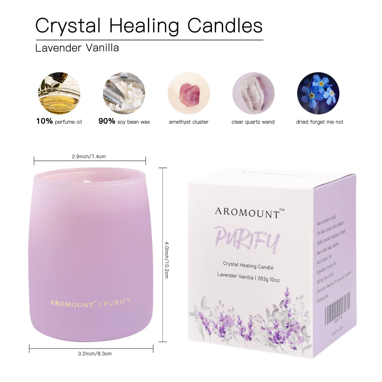 Lavender Vanilla Scented Crystal Candle, Luxury Gift for Women, 10oz Natural Soy Candle with Spiritual Aromatherapy