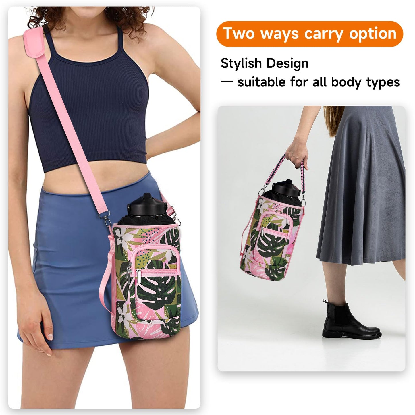 AceTreker Neoprene 64 oz Water Bottle Sleeve with 2 Pockets, Detachable Paracord Handle, Half Gallon Water Jug Bottles Pouch Holder with Adjustable Shoulder Strap for Walking, Hiking, Gym-Hawaii