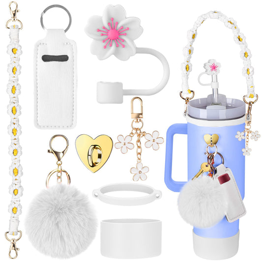 Mity rain 8PCS Cup Accessories for Stanley Cup 30oz 40oz Tumbler with Handle, Including Water Bottle Handle Strap, Chapstick Holder, Boot, Keychain Charms, Straw Topper Cover Cap for Stanley (White)