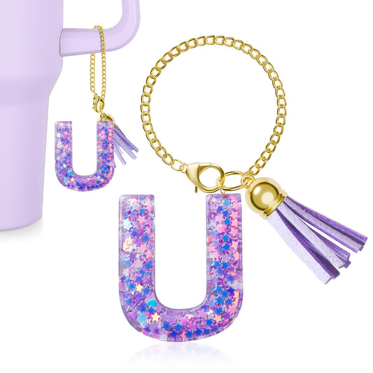 MOYOHIM Letter Charm for Stanley Cup, 1PCS Cute Tumbler Accessories Charm for Handle, Purple Personalized Initial Keychain Charm for Girls Women