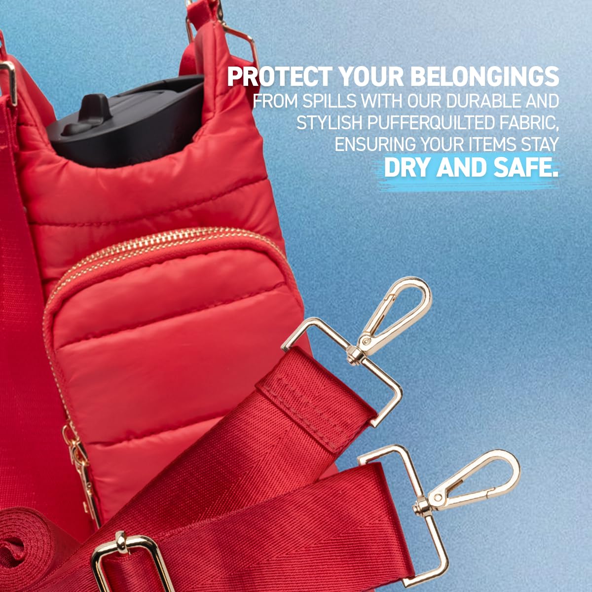WanderFull Original Crossbody HydroBag | Quilted Water Bottle Carrier & Adjustable Strap | Puffer Tote with Two Pockets for Phone, Accessories & Travel Essentials (Poppy Red)