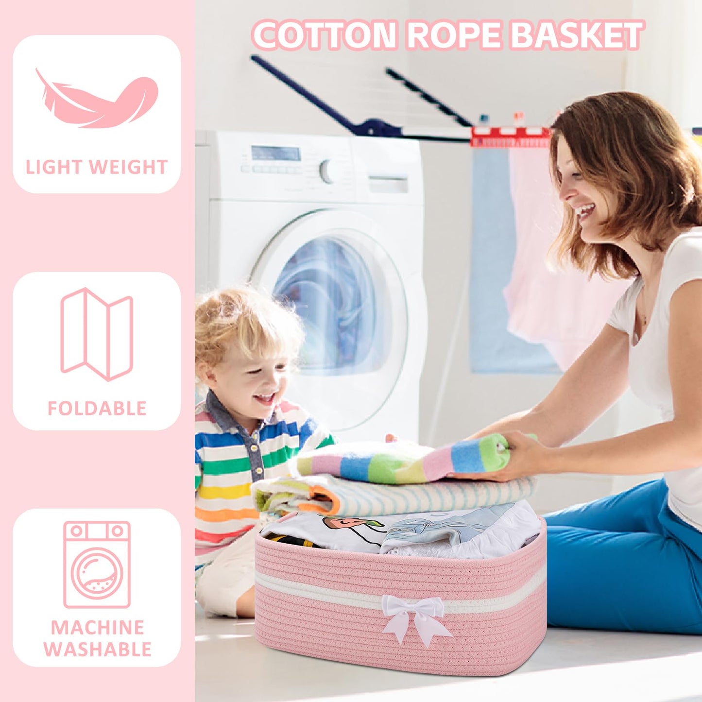 OIAHOMY Large Woven Storage Basket with Handles for Nursery Living Room Shelves, Bow Basket for Gifts Empty with Gift Bags and Ribbons for Baby Showers Pet Toy Bin - Pink