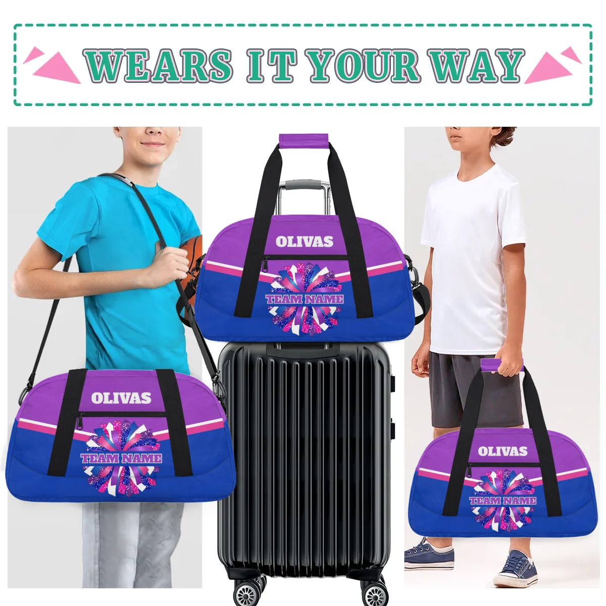 Personalized Cheerleader Bag Dance Bag for Girl, Custom Team Bag Gym Bag Sport Duffel Bag, Weekender Bags Travel Bag for Cheer Team Blue Pink Purple Glam