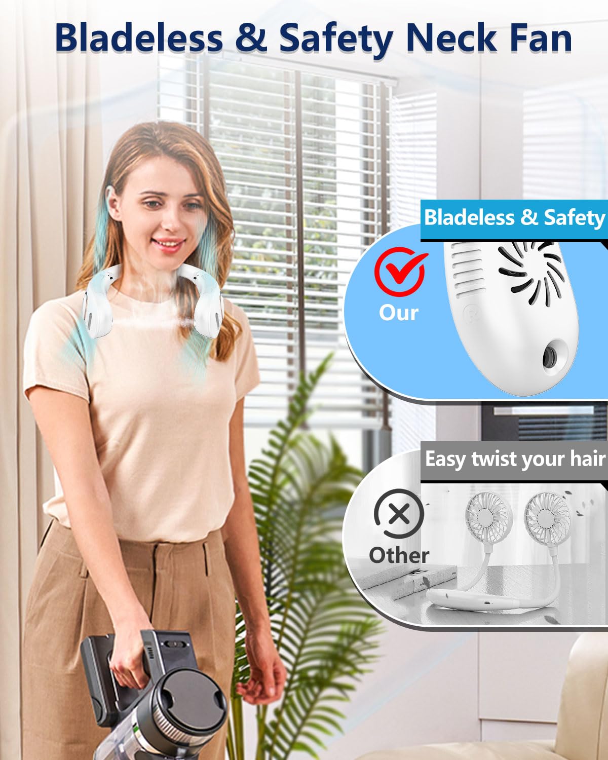 Neck Fan with Mist, Portable Neck Fans that Blow Cold Air,Folding Bladeless Personal Fan Mister, 5 Speeds USB-C Rechargeable Battery Operated Cooling Mising Fan for Women Men Kids White