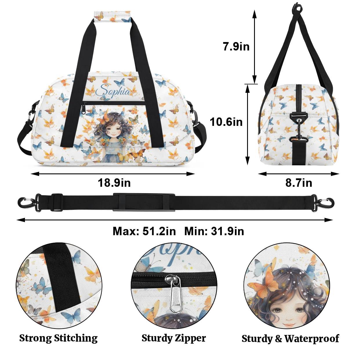 Personalized Gym Bag for Kids Girls, Butterfly Girl Custom Small Duffel Bag with Padded Handles Carry On Weekend Travel Bag for School Practice Ball Games