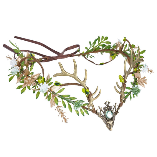MOSTORY Woodland Flower Antler Crown - Floral Fairy Headpiece with Mini Deer Horns for Renaissance Costume Outfit Women, Forest Reindeer Circlet for Fairy Accessories Halloween Cosplay