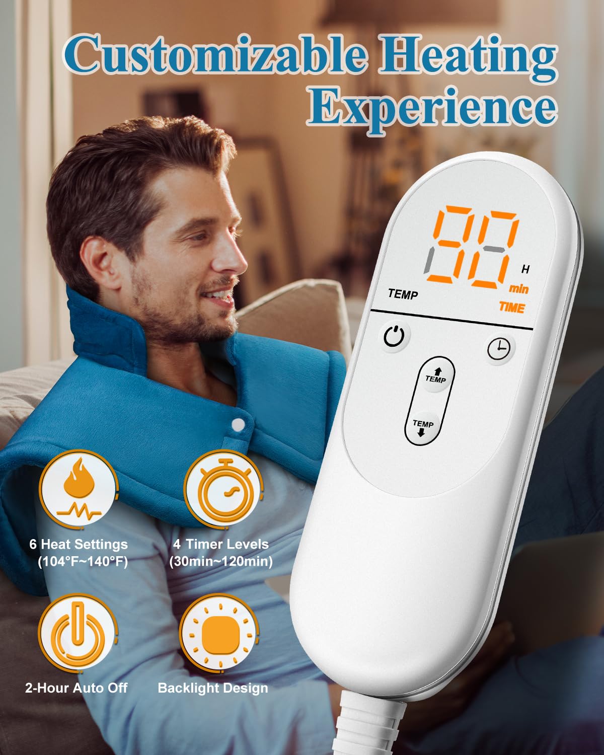 Heating Pad for Neck and Shoulder, Birthday Gifts for Men Dad Husband, Electric Weighted Heat Pad for Back Pain Relief, Anniversary Christmas Gifts for Women Mom, Blue