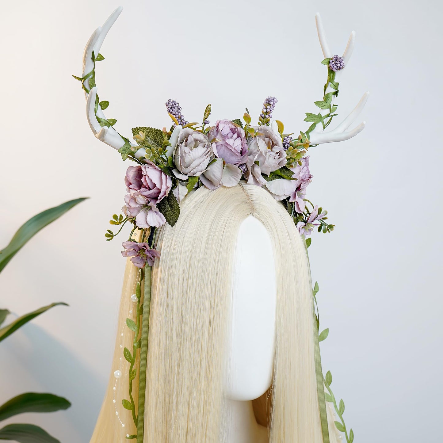 MOSTORY Fairy Deer Antler Headband - Purple Flower Reindeer Headband with Vines for Woodland Costume Women, Forest Floral Antlers Headpiece for Renaissance Accessories Cosplay Fantasy Photo Shoot
