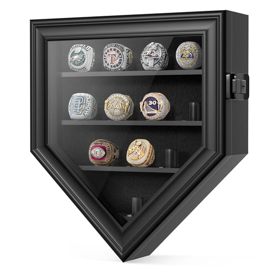 Championship Ring Display Case, 12 Ring Posts Baseball Ring Holder, Baseball Ring Display Case Lockable Wall Mount Wooden Shadow Box for Multiple Championship Rings