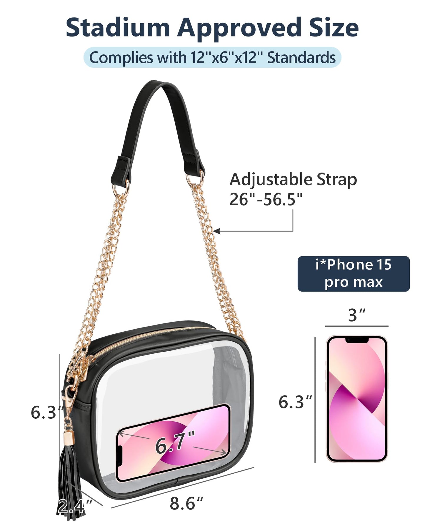 PACKISM Stylish Clear Crossbody Bag - Clear Purse Stadium Approved for Women, Fashionable PU Leather Design with Adjustable Chain Straps, Perfect for Sports & Concerts, Black