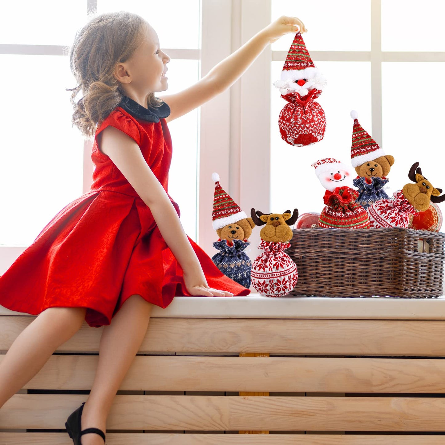 Shappy 12 Pcs Christmas Small Drawstring Bag Xmas 3D Doll Gift Bags Mini Christmas Apple Cookie Candy Holiday Treat Bag 11 x 6 Inch for Stockings Party Supplies Decor