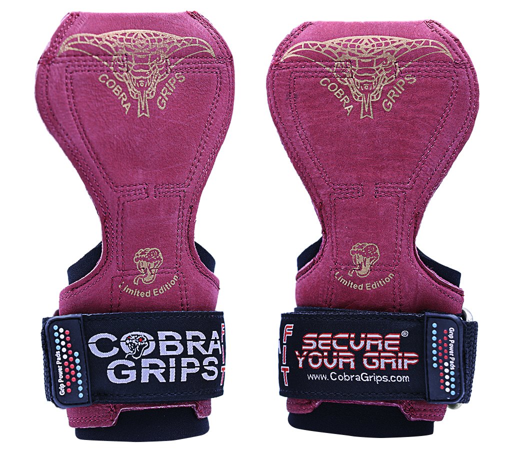 Cobra Grips PRO Weight Lifting Gloves Heavy Duty Straps Alternative to Power Lifting Hooks for Deadlifts with Built in Adjustable Neoprene Padded Wrist Wrap Support Bodybuilding (FIT Red Leather)