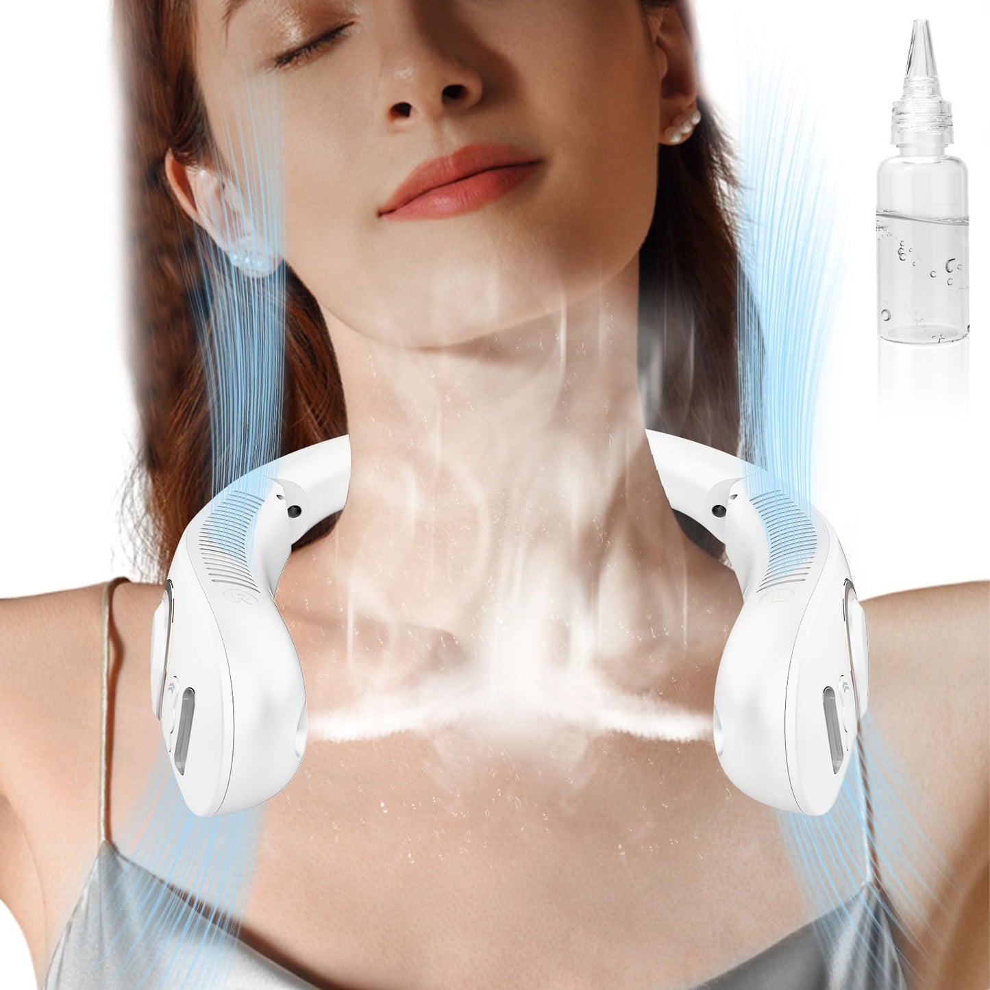Neck Fan with Mist, Portable Neck Fans that Blow Cold Air,Folding Bladeless Personal Fan Mister, 5 Speeds USB-C Rechargeable Battery Operated Cooling Mising Fan for Women Men Kids White