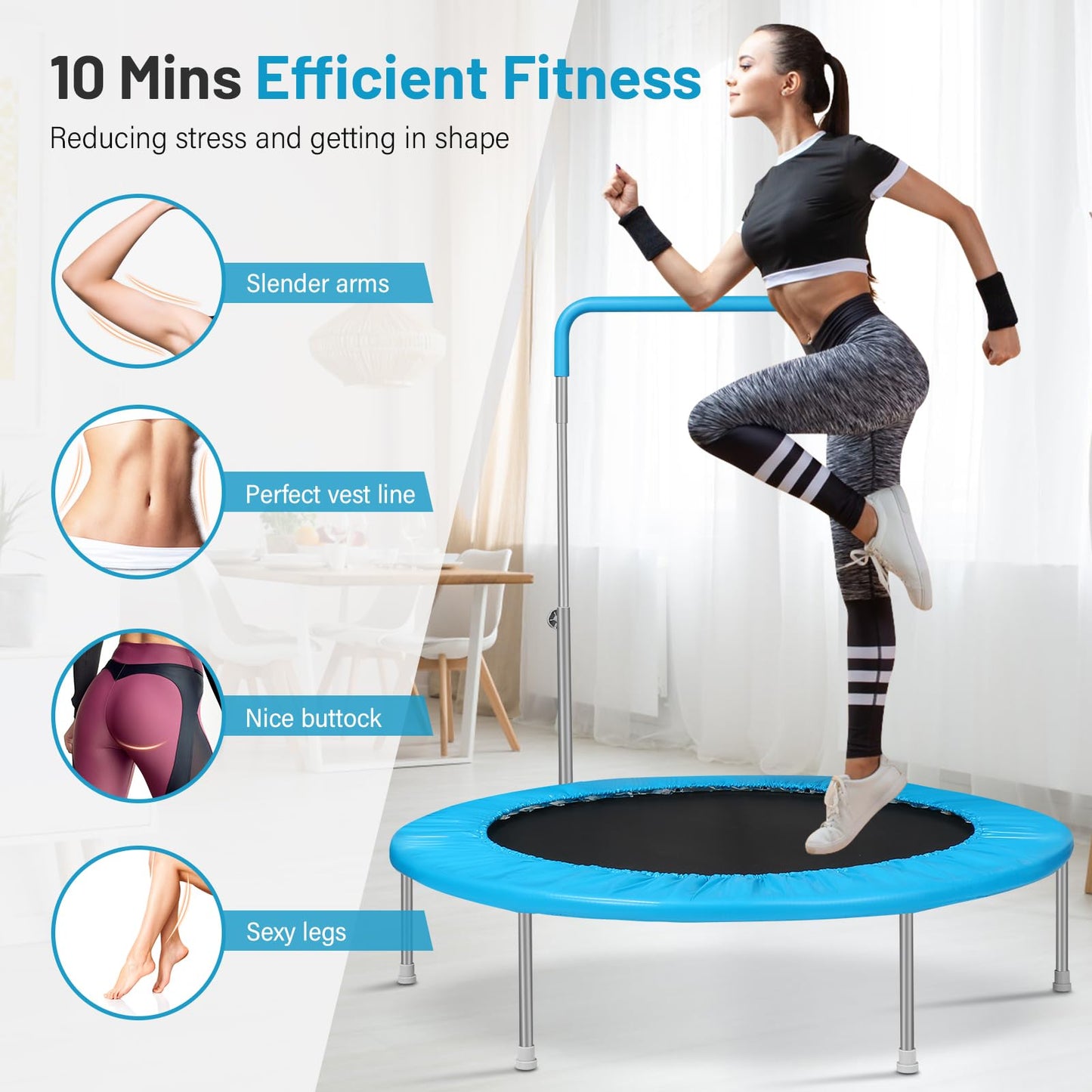 Lyromix 40Inch Rebounder Trampoline for Adults with Adjustable Bar, Mini Fitness Trampoline for Adults and Kids, Small Exercise Trampoline with Handle for Indoor Outdoor Workout, Blue