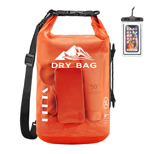 HEETA Waterproof Dry Bag for Women Men, Roll Top Lightweight Dry Storage Bag Backpack with Phone Case for Travel, Swimming, Boating, Kayaking, Camping and Beach, Transparent Orange 5L