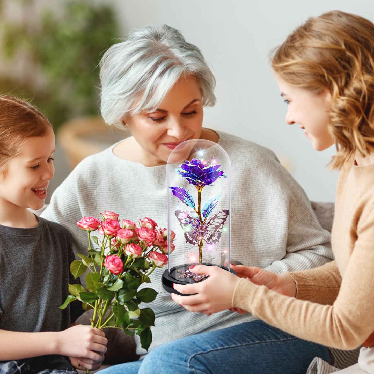 Gifts for Women Mom Birthday Gift, Galaxy Glass Rose Flower Gifts Forever Eternal Crystal Light Up Rose in Glass Dome with Butterfly Mothers Day for Her Mom Wife Daughter Sister Purple