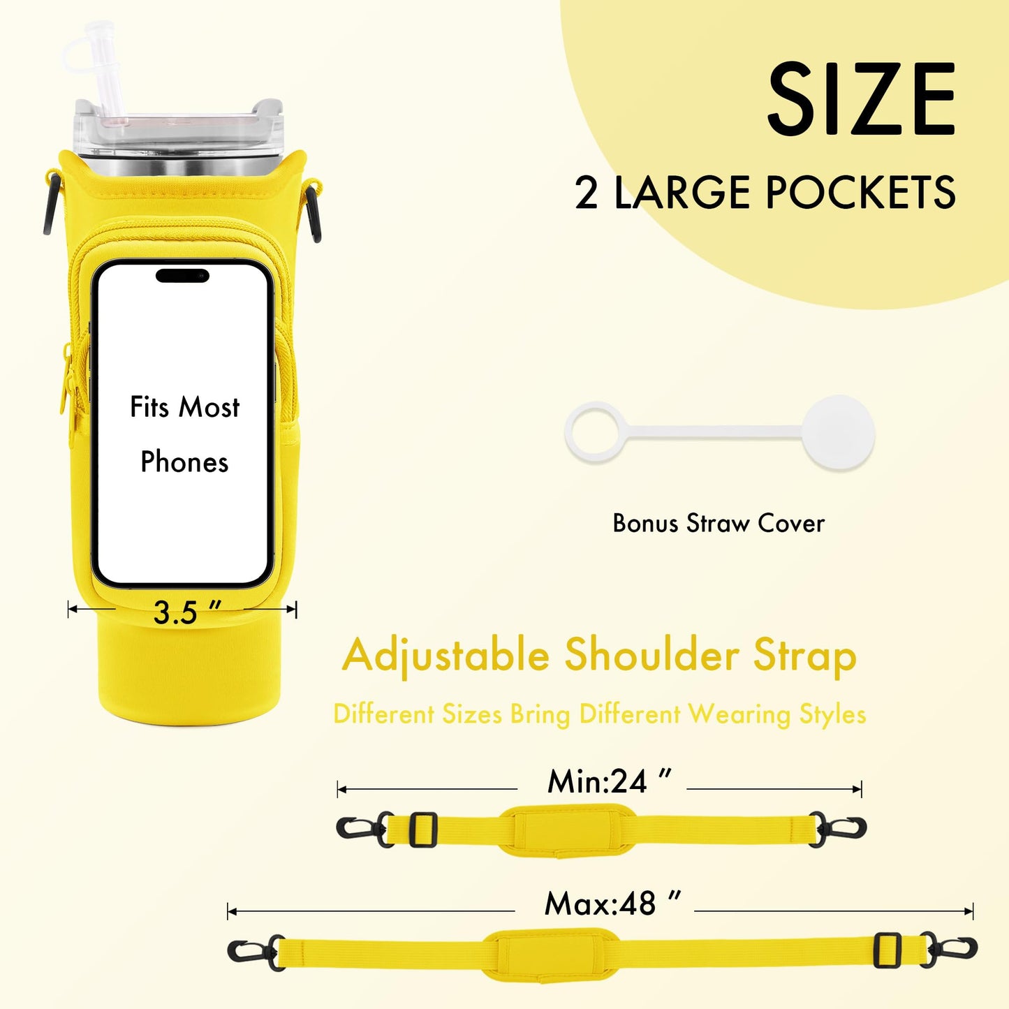 JEBEALUO Water Bottle Carrier Bag with Phone Pocket for Stanley Cup 40/30 oz, Water Bottle Holder with Adjustable Strap& Straw Cover, Stanley Cup Accessories (Yellow)