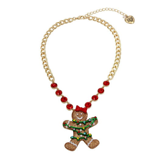 Betsey Johnson Womens Jingle Bell Bling Christmas Gingerbread Pendant Necklace