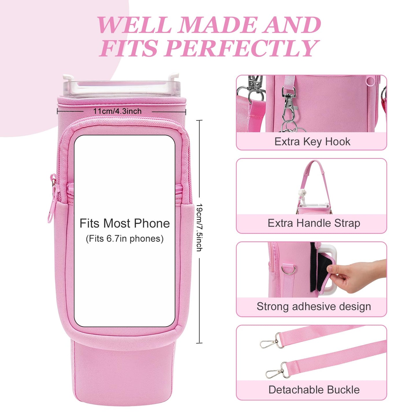 PRAGATISM Water Bottle Holder with Strap Pouch and Handle fits for Stanley 30 oz Tumbler, Water Bottle Carrier Bag with 4.9FT Strap, Bottle Pouch for Stanley Cup Accessories, Pink