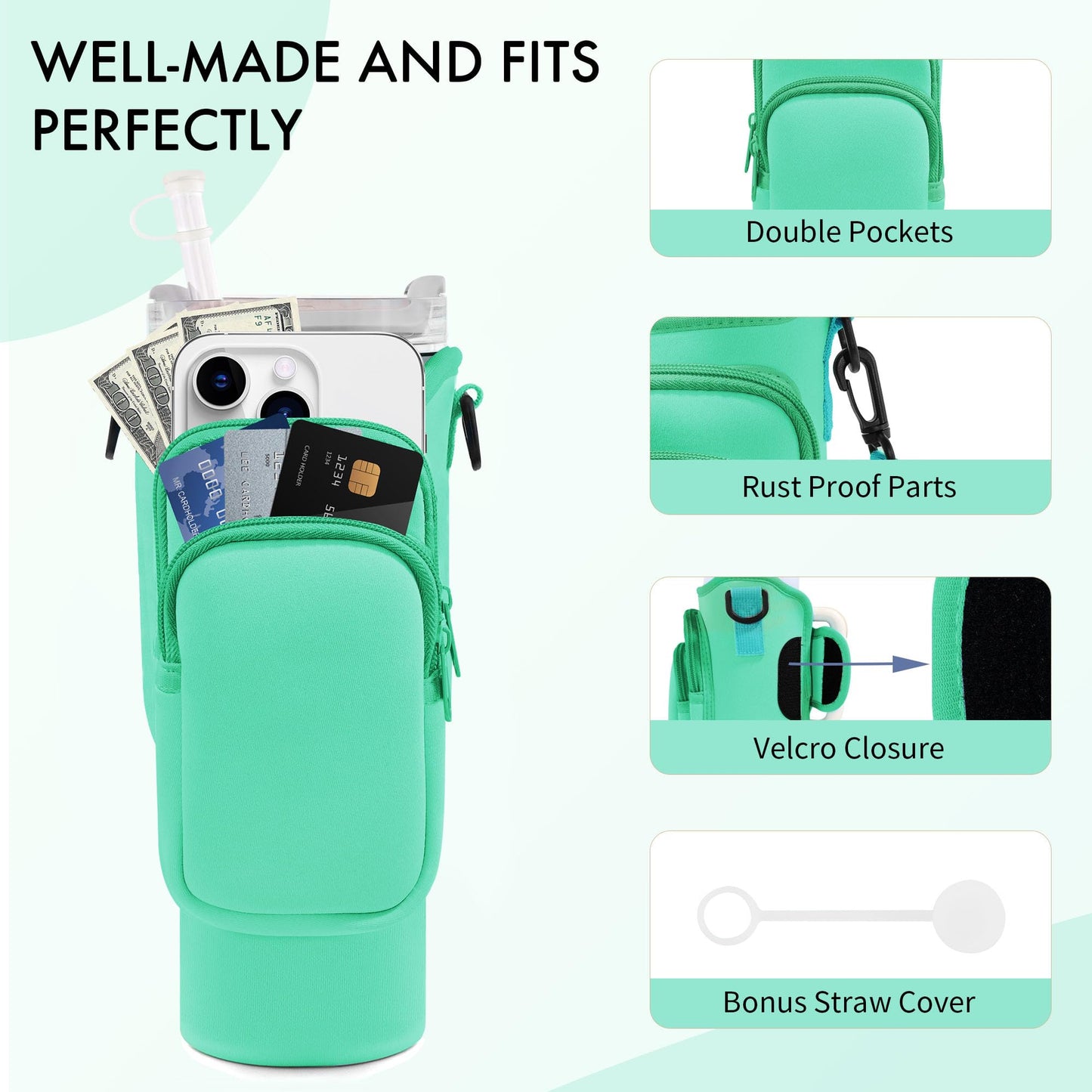 JEBEALUO Water Bottle Carrier Bag with Phone Pocket for Stanley Cup 40/30 oz, Water Bottle Holder with Adjustable Strap& Straw Cover, Stanley Cup Accessories (Green)