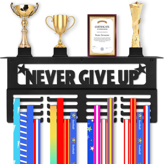 Takytao Medal Hanger Display with Trophy Shelf, Upgraded Sports Medal Holder Trophy Display Shelf Ribbon Holder Simple Wall Hanger with Motivational Words for Athletes and Youth